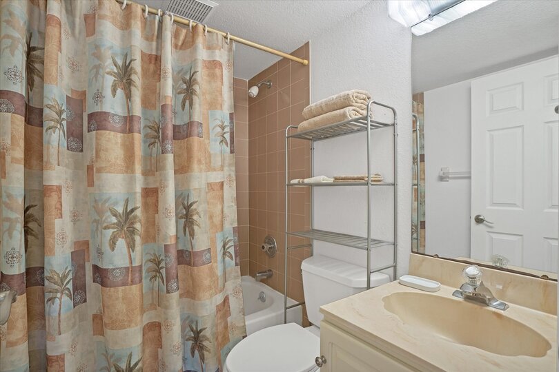 The guest bathroom has a shower/tub combo