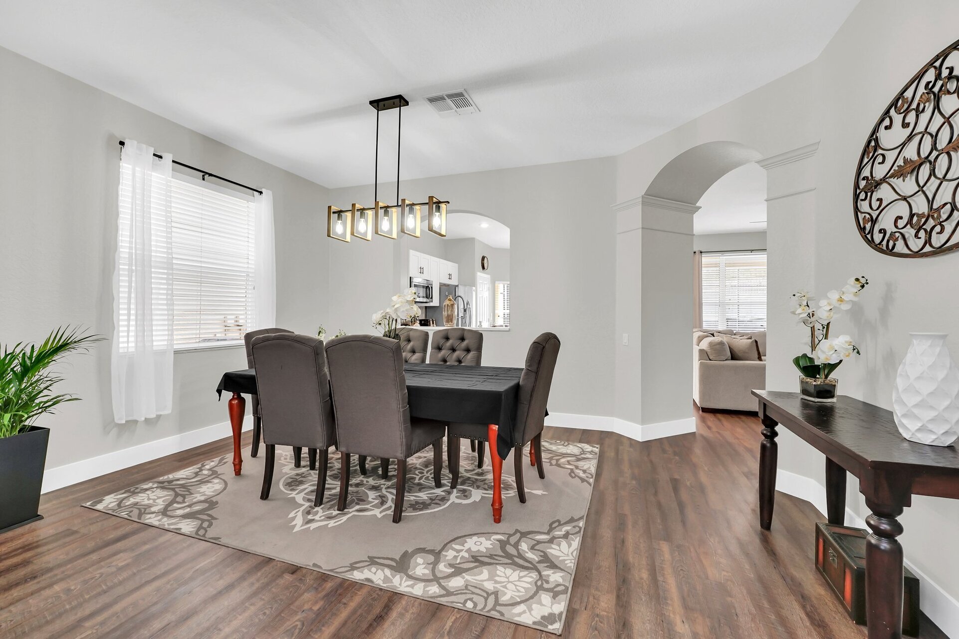 Dine together at the formal dining table with seating for 6