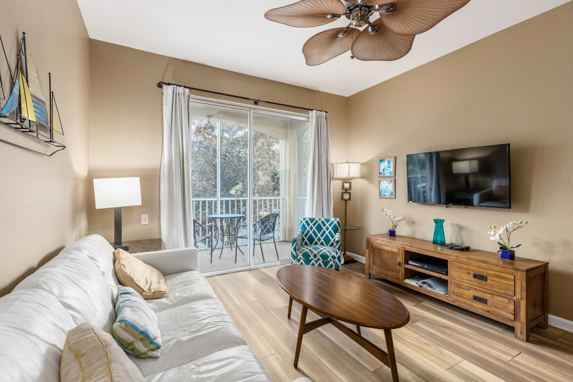 Relax on the comfortable couch with plenty of space for everyone to enjoy time together
