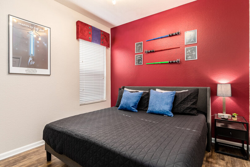Dream of a galaxy far, far away in this Galaxy bedroom with a king-size bed
