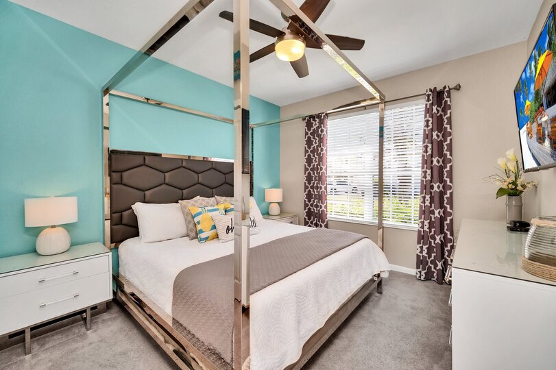 A second King bedroom is located on the first floor with luxury sheets and ceiling fan (Updated Feb. 2022)