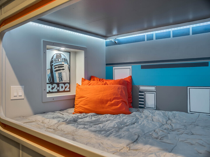 Every bunk bed features it's own special character and themed lighting.