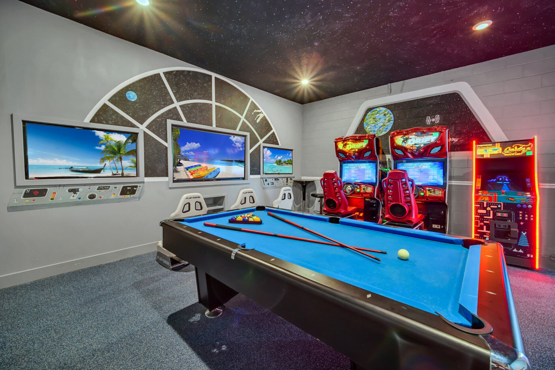 The ultimate games room with a 70-inch SMART TV, two 50-inch SMART TVs, Xbox One and PlayStation 4