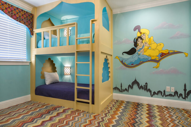 Travel to a whole new world in this amazing Aladdin Suite located on the second floor with two twin over twin bunk beds