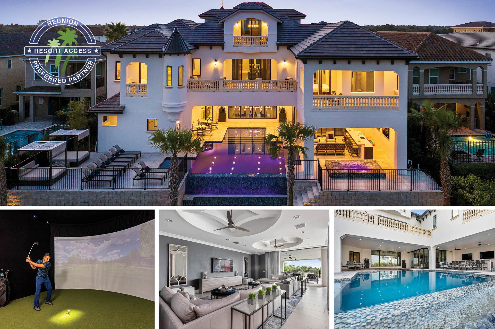 Welcome to Reunion Chateau, a beautiful 10 bed villa with a golf simulator room, 3rd floor bar, kids secret playroom, custom private pool and spa | PHOTOS TAKEN: December 2018