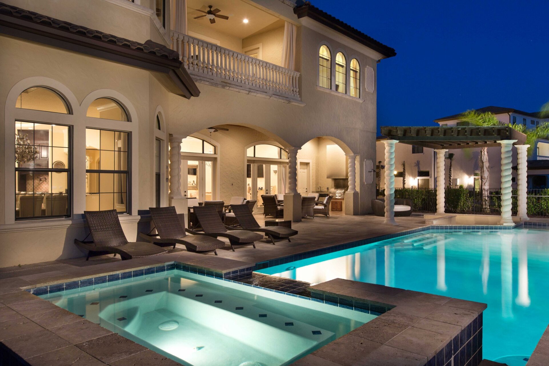 A custom built 60-foot private pool with spillover spa and sunken pool bar