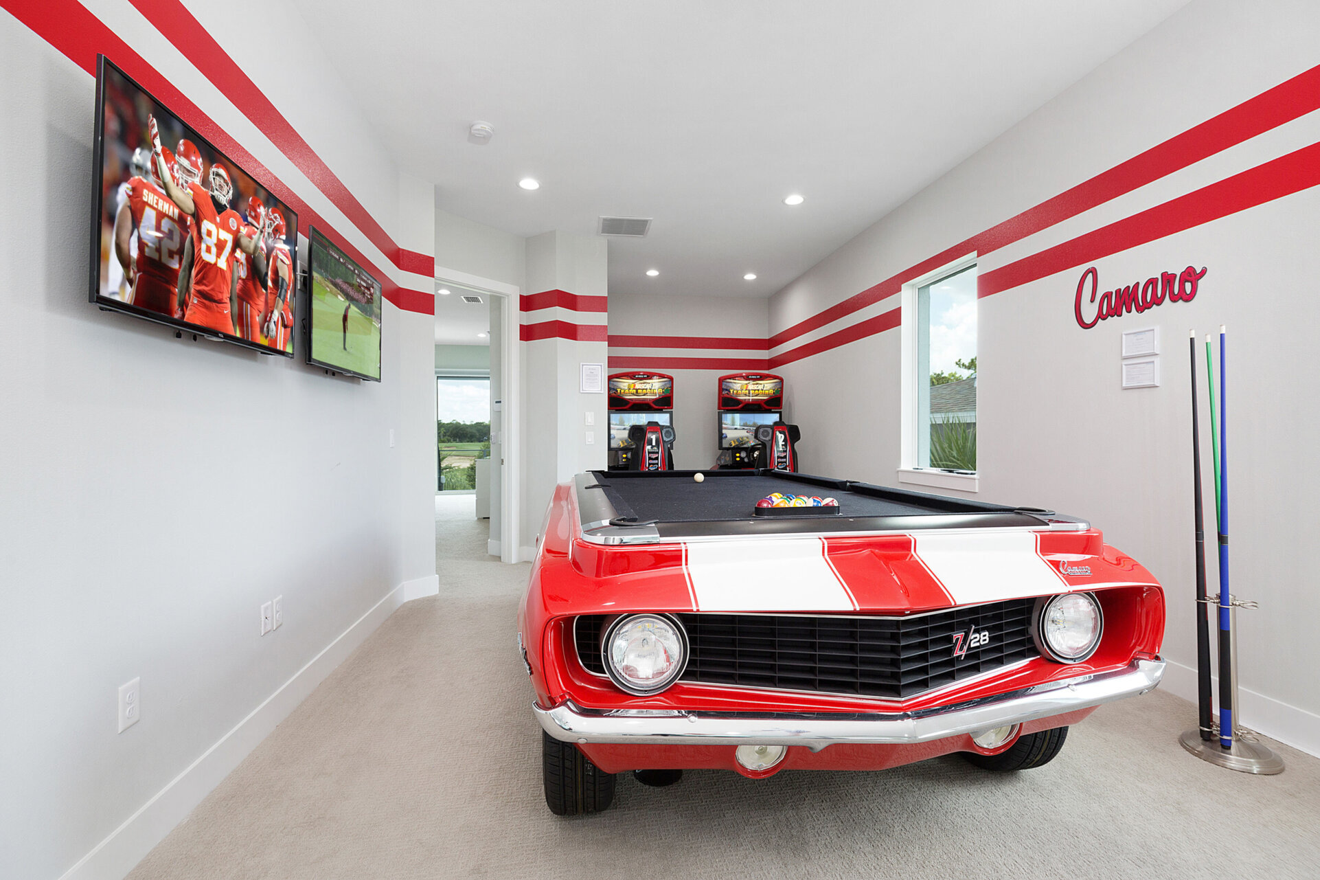 Play a round of pool on the custom built Camaro pool table