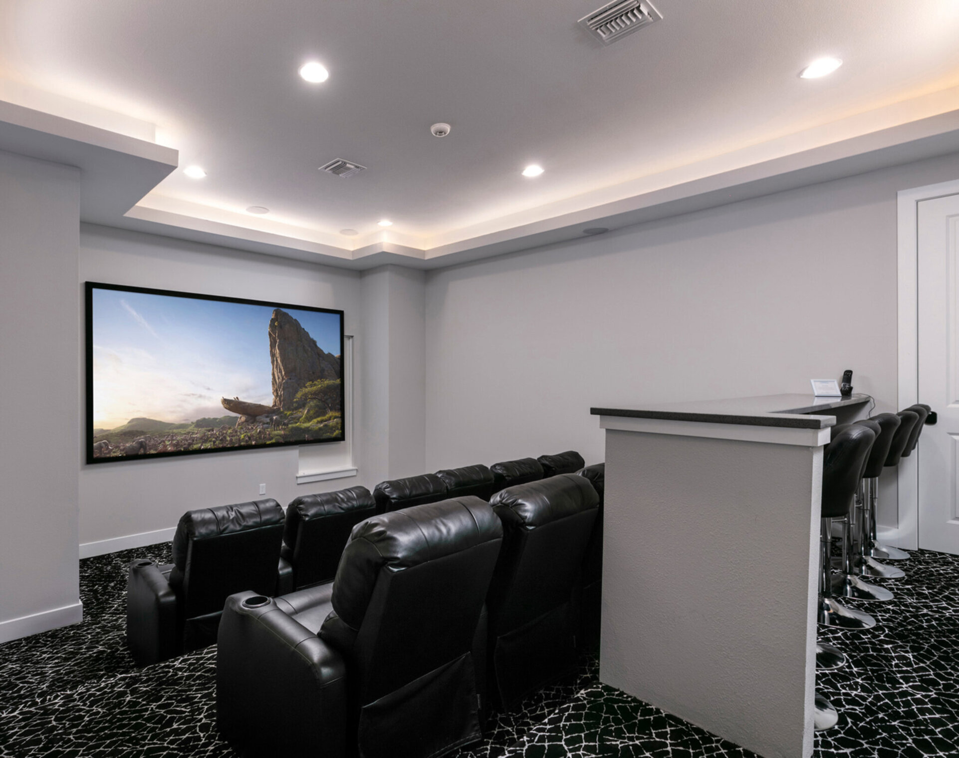 Grab some popcorn, sit back and enjoy a movie in the the home theater room