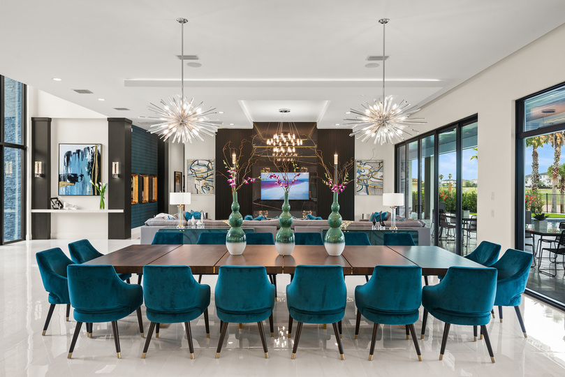 Serve all of your freshly prepared meals at the grande formal 5'x14' custom dining table that seats up to 16 guests