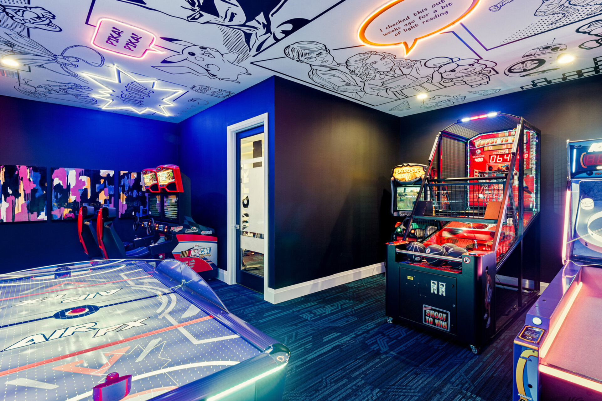 Enjoy multiple arcade games, including Nascar Racers, Shoot to Win Basketball, Ice Ball, Air FX Air Hockey, and Safari Buck Hunter