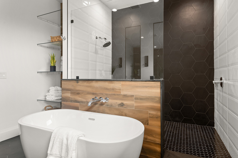 Ensuite bathroom with standalone tub and walk-in shower