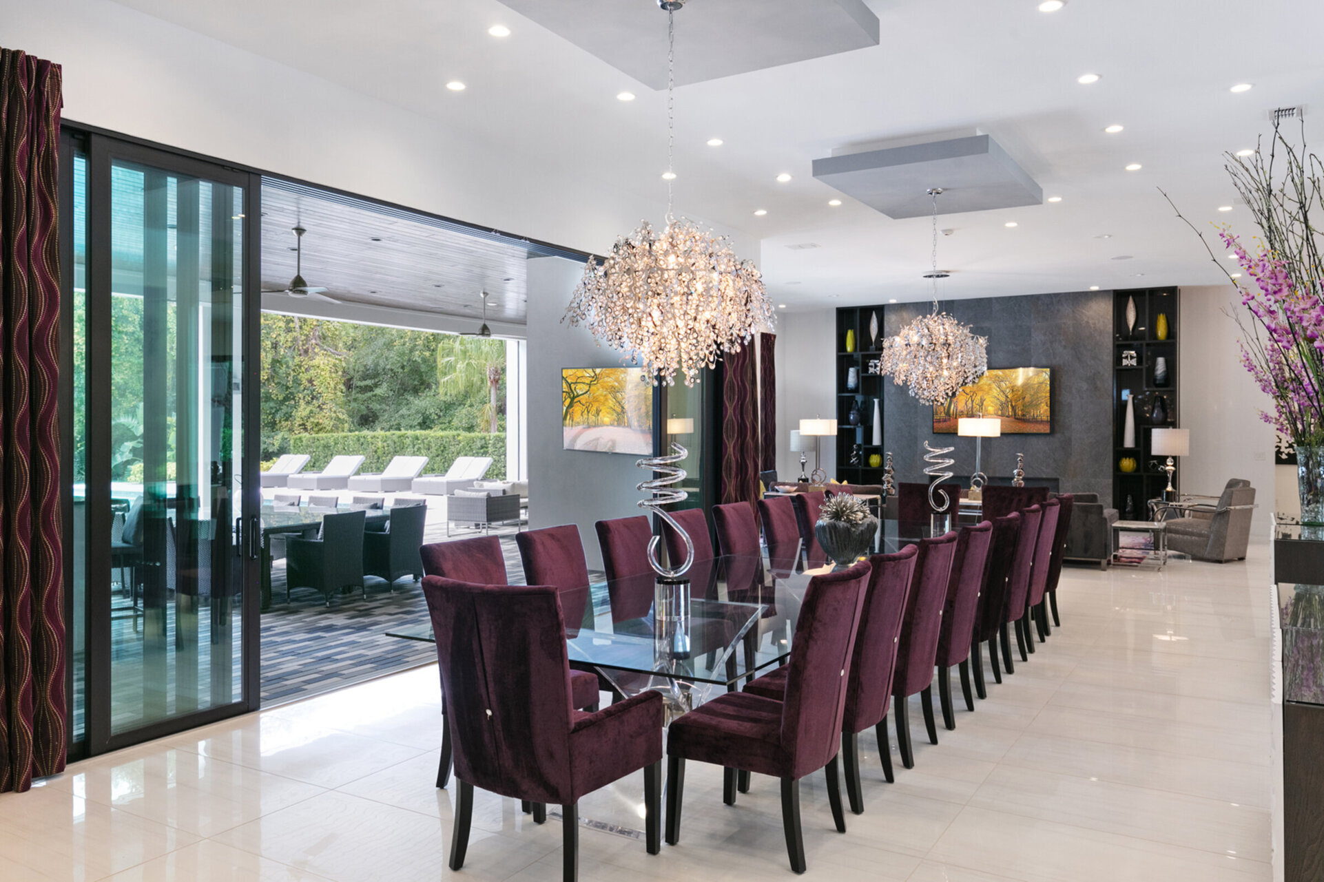 Dine at the formal dining table with seating for 20