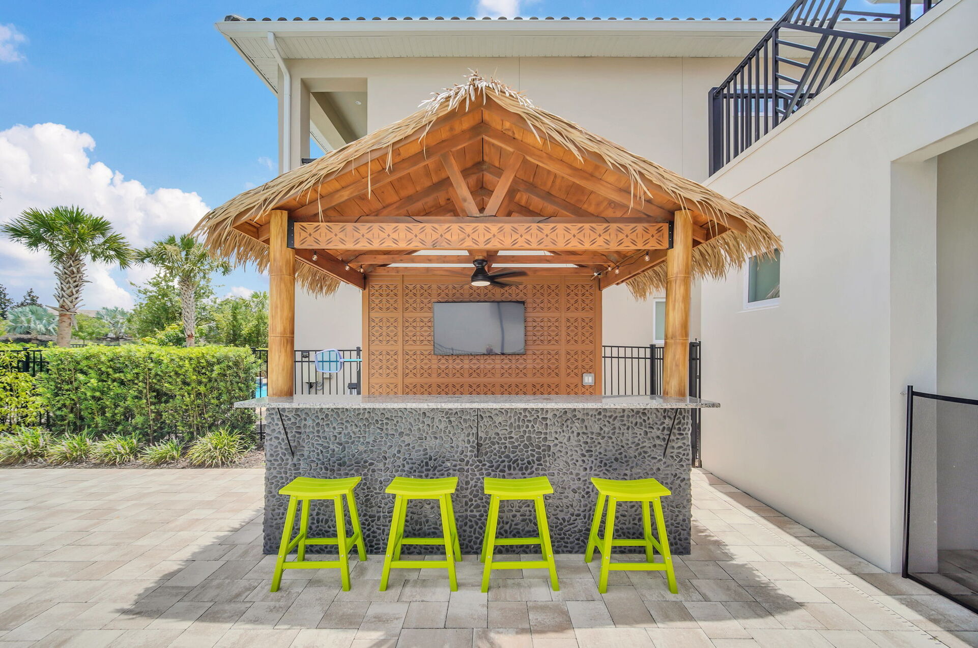 The tiki bar is a great place to  grab a drink, or watch a favorite TV show