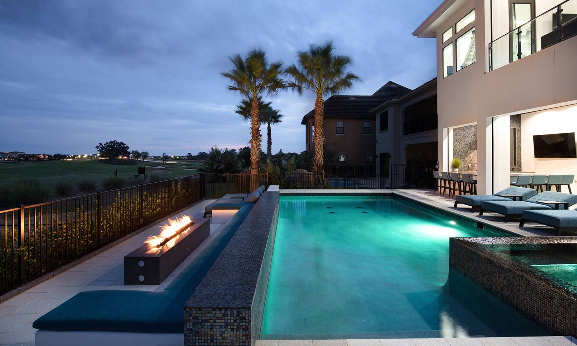 Twilight View of Pool and Fire Pit