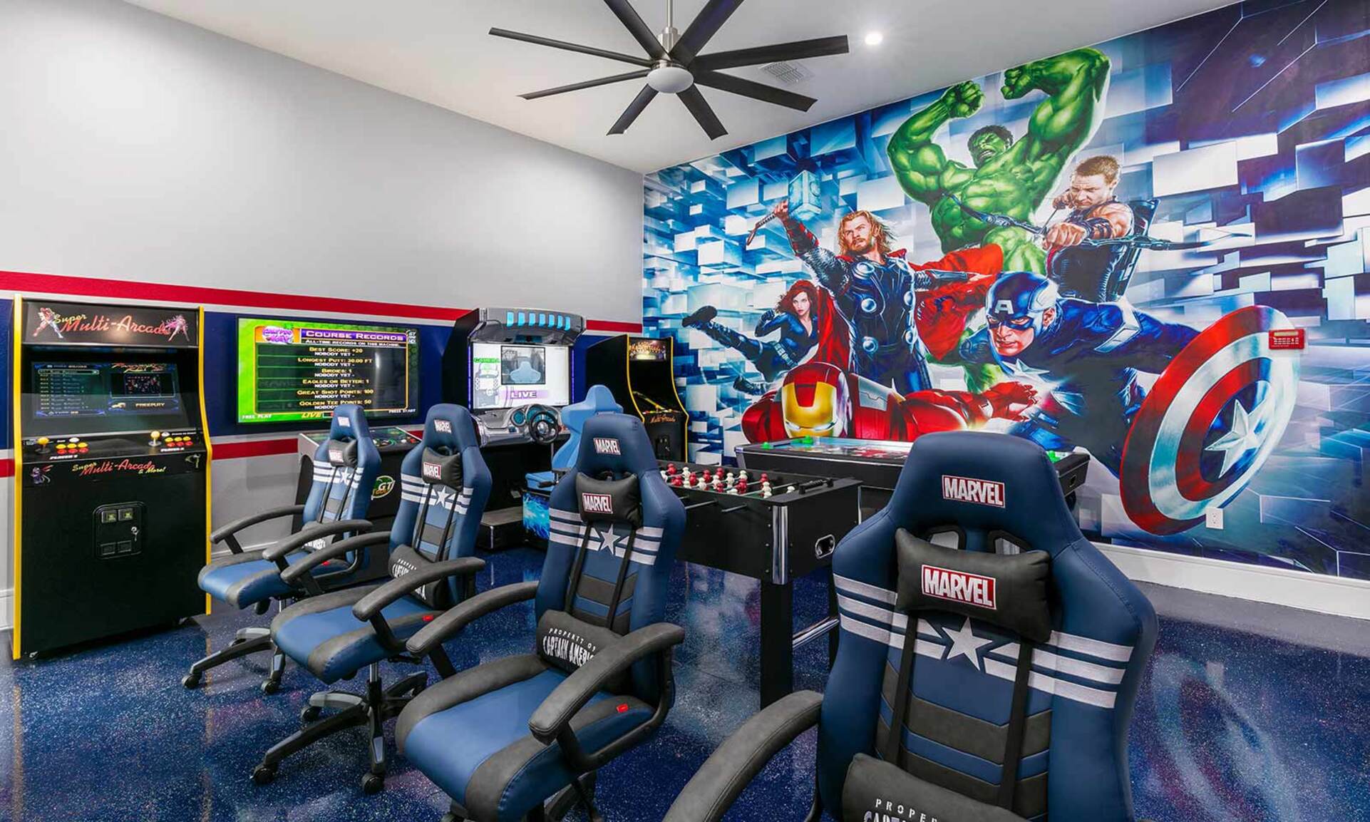 Arcade with Air Hockey, Foos Ball, Two Multicades with 120 Video Games, Golden Tee, and Driving Game