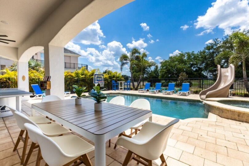 Comfortable outdoor seating under the covered lanai