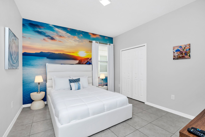 Greece themed Queen room with en-suite on the first floor.
