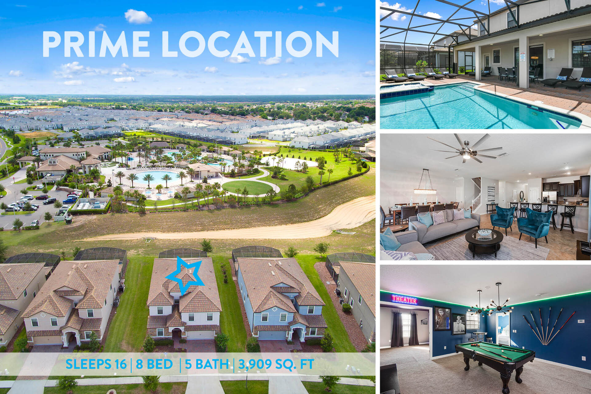 Moon Valley Villa features 8 bedrooms, fun game rooms, custom movie room, kids bedrooms and a private screened in pool. | PHOTOS TAKEN: June 2018