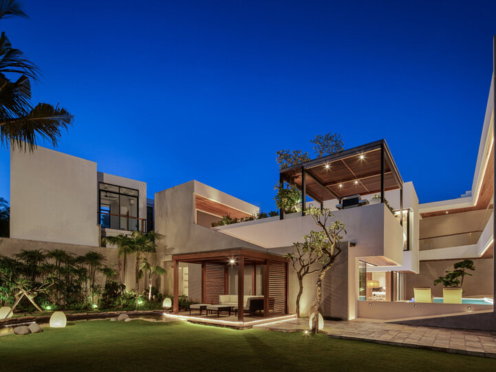 Villa facade at night