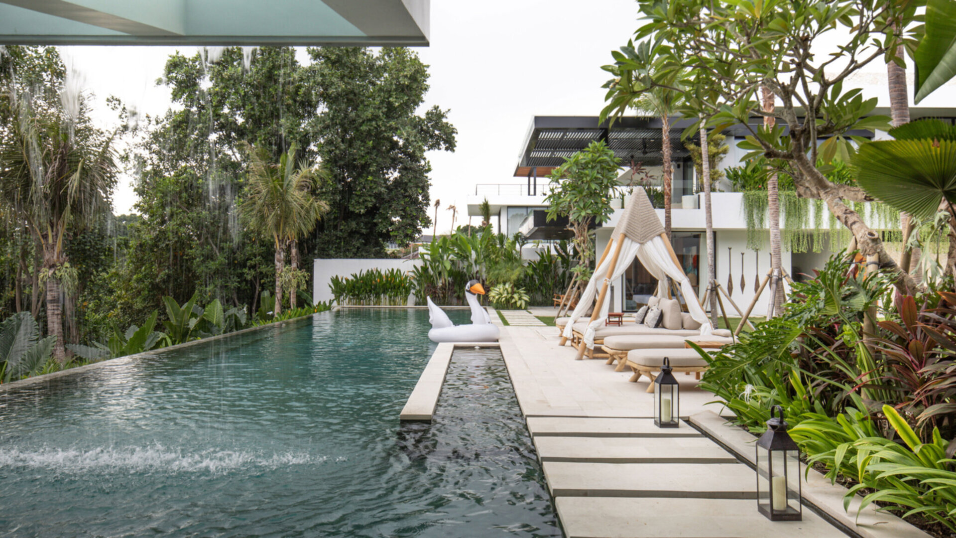 Expansive pool area overlooking rice fields