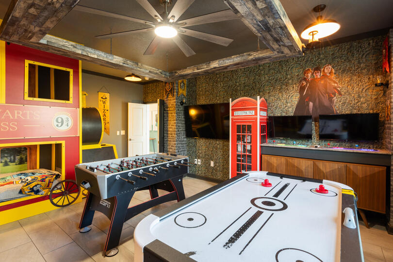 Game Room / Bedroom 8 
Three Double/Double Bunks
65" Roku TV
Two 32" Roku TVs with Game Consoles
Foosball  Air Hockey