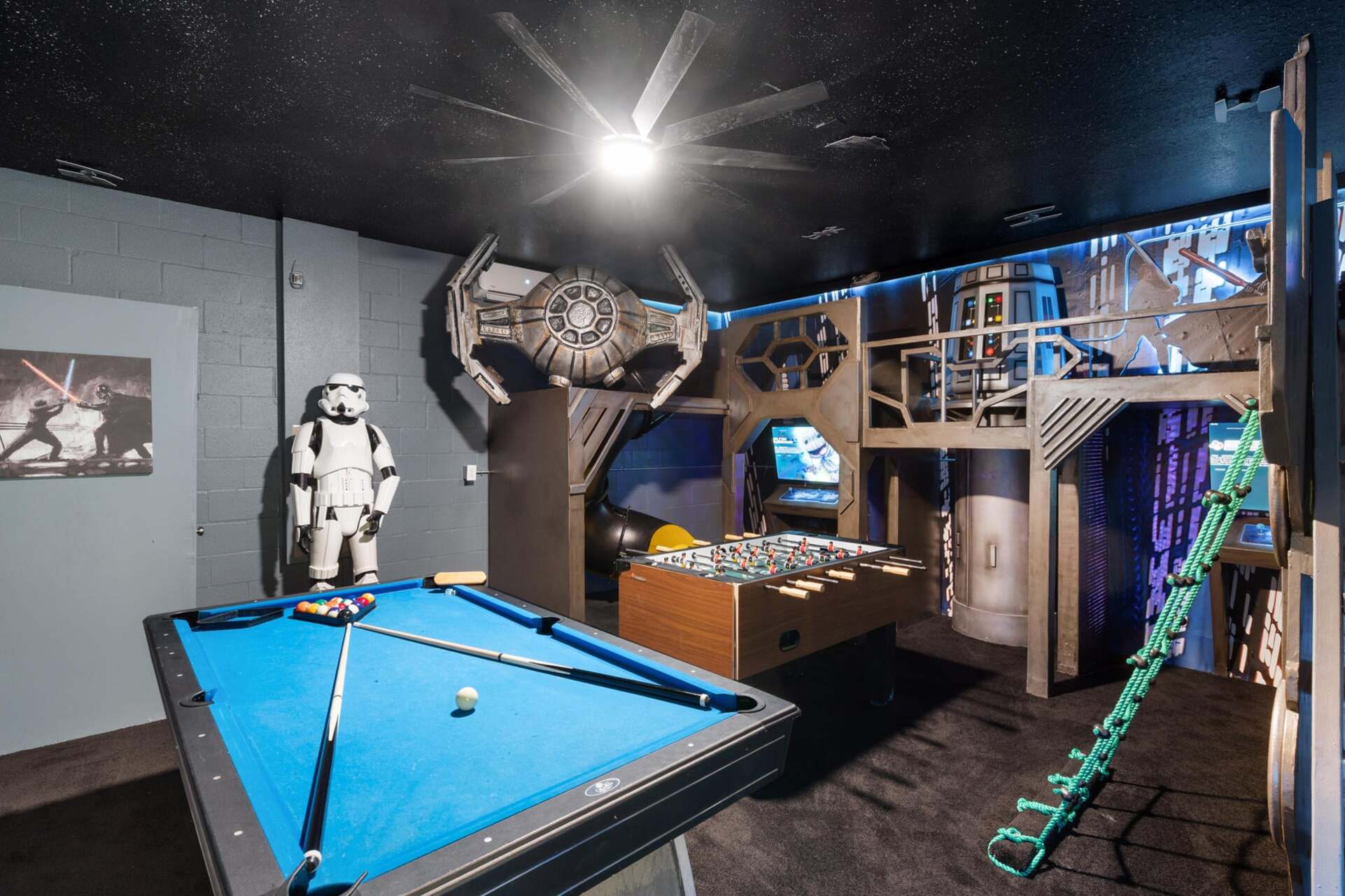 2/43" Roku TVs with Game Consoles Pool Table FoosBall Climbing Equipment Star Wars Theme
