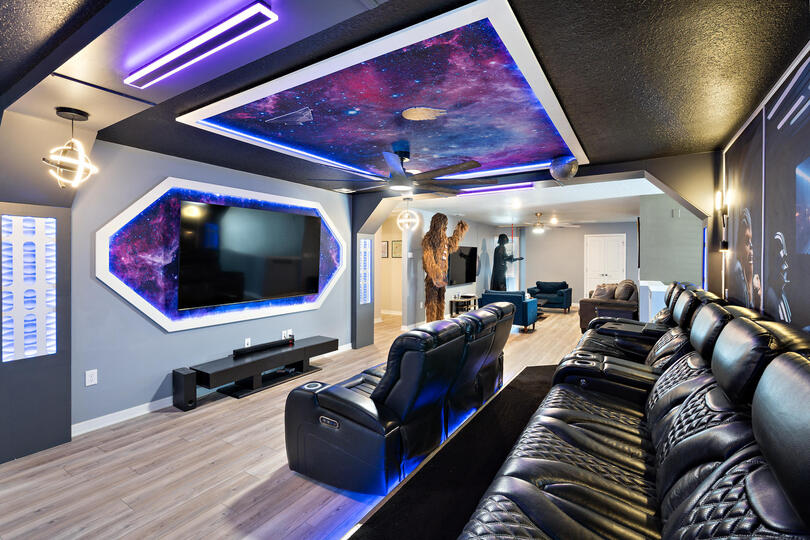 Theater Room Upstairs 85" Roku TV Sound Bar Star Wars Theme